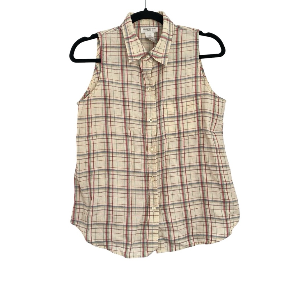 Jones New York Sport VTG Linen Plaid Sleveless Fisherman Blouse Women’s Size 8 - Picture 1 of 9